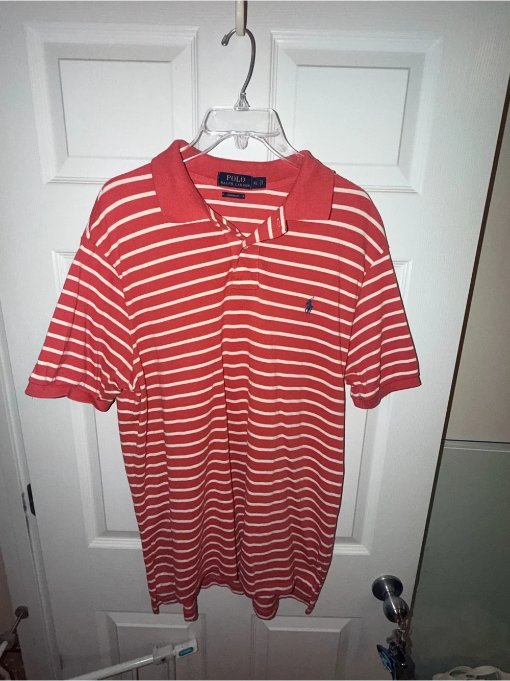 Ralph Lauren Red & White Striped Polo Shirt with Navy Pony